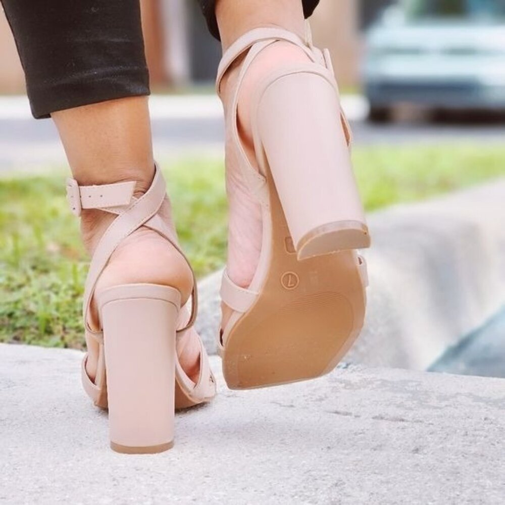 Nude Women’s Chunky Heels Triple Straps with Side Buckle - Picture 6 of 7